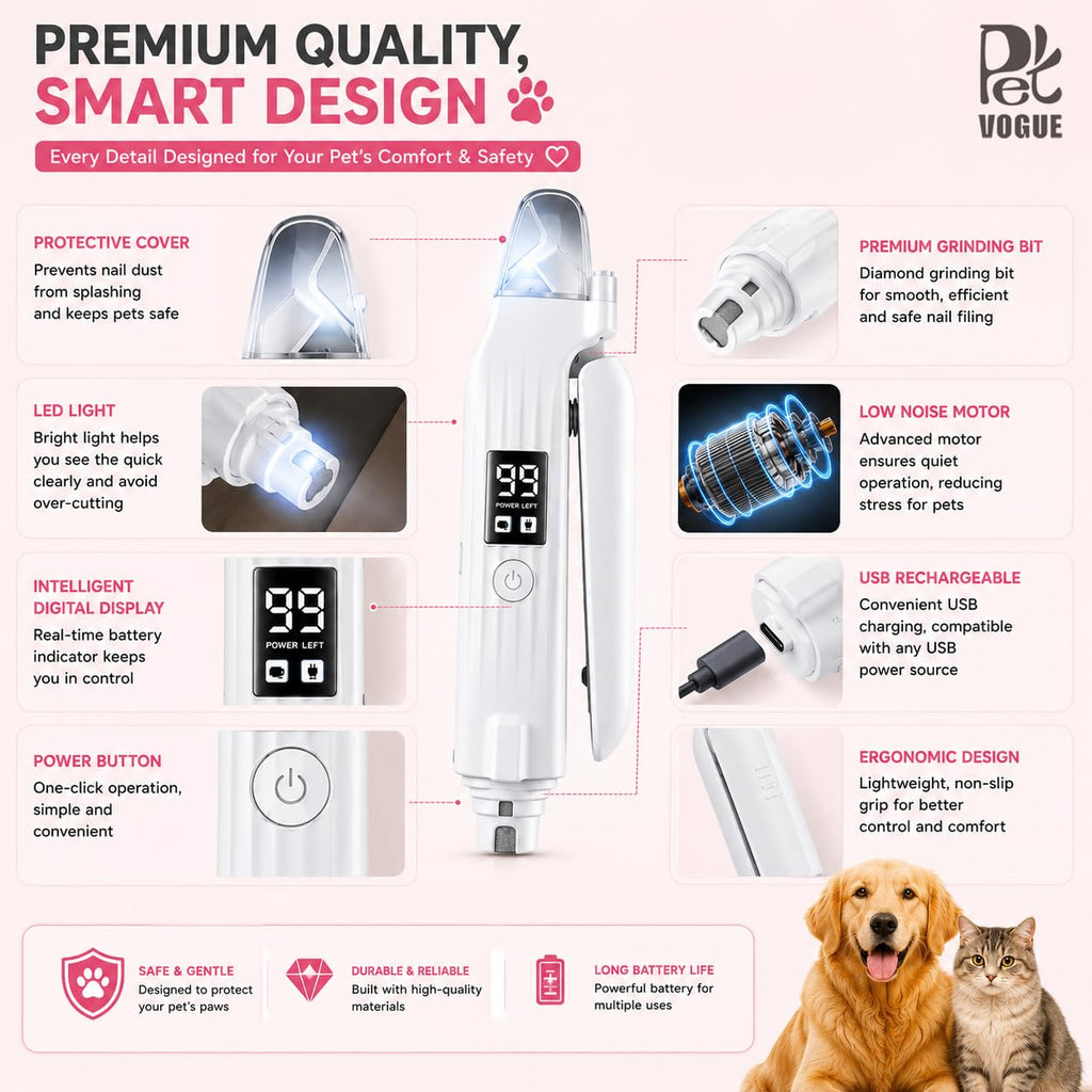 Rechargeable Pet Nail Grinder & Clipper with LED — Quiet, Safe & Stress-Free