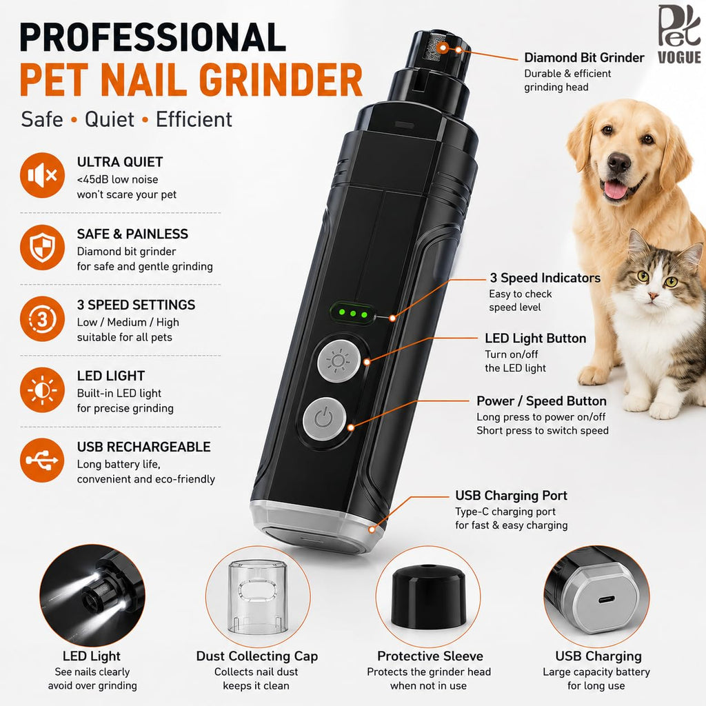Rechargeable Pet Nail Grinder & Clipper with LED — Quiet, Safe & Stress-Free