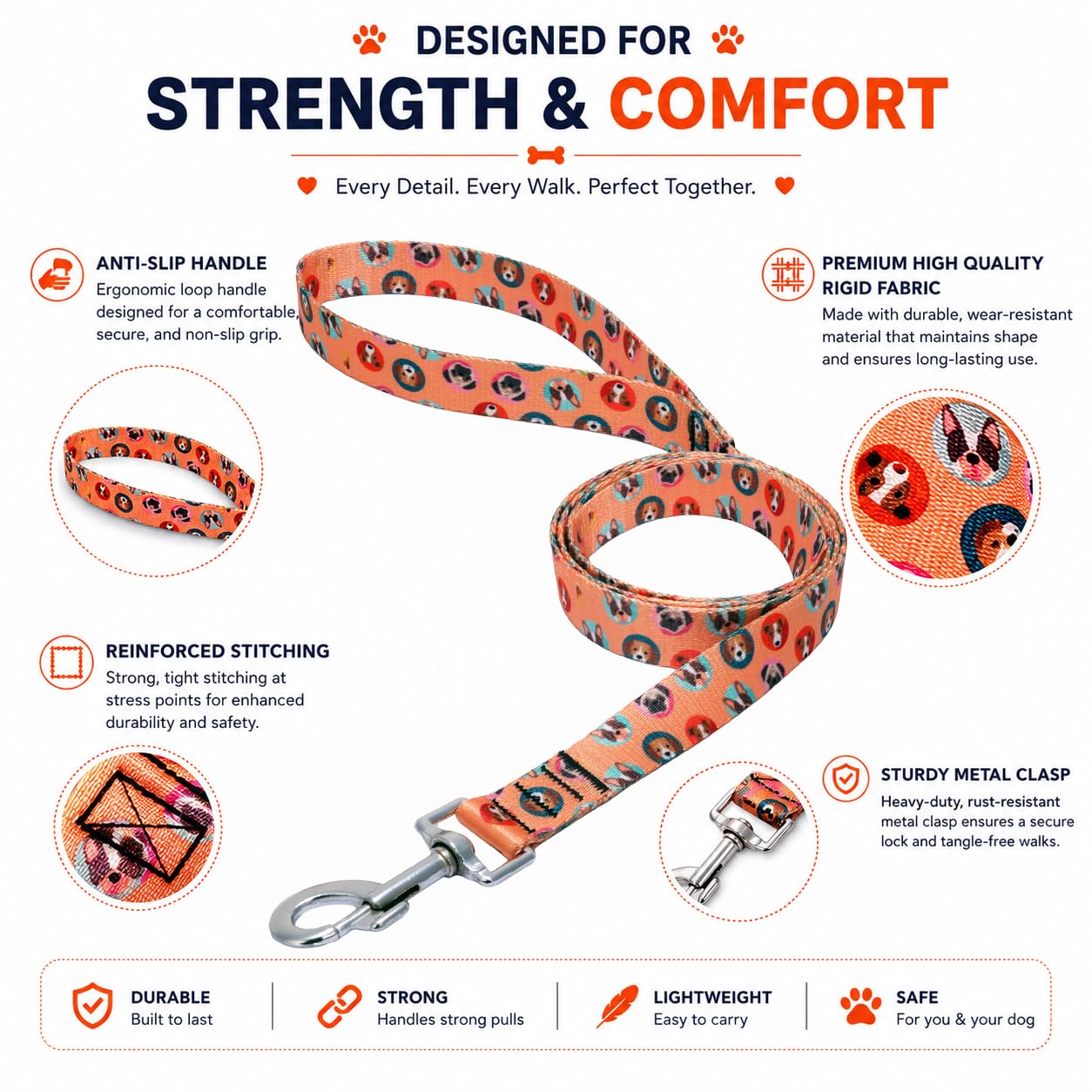 Heavy Duty Reflective Dog Leash with Padded Handle — Safe Walks Day & Night